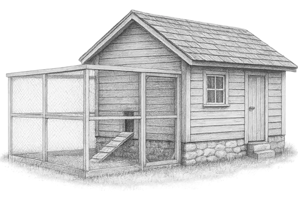 Skiss av ett hönshus med hönsgård