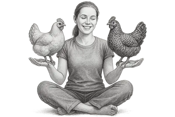 Skiss av en kvinna som sitter med två hönor i händerna