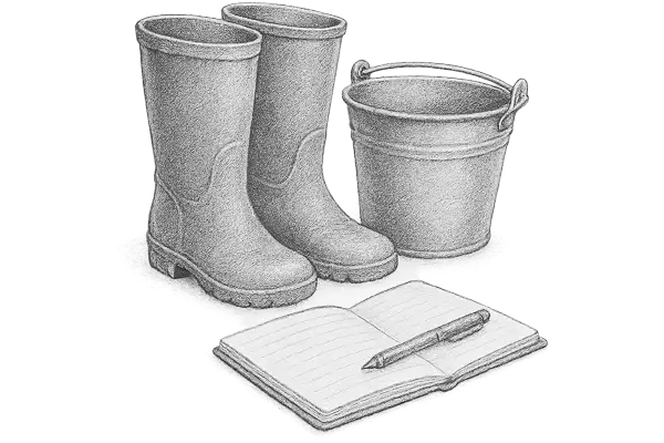 Skiss av stövlar en anteckningsbok och en penna