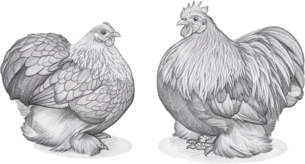 Skiss av Dvärgkochin höna och tupp