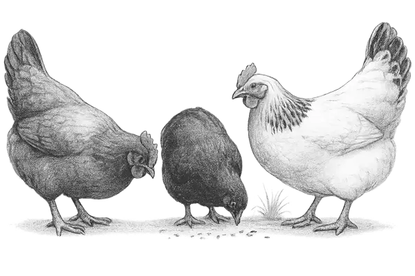 Skiss av tre höns som pickar efter mat på marken