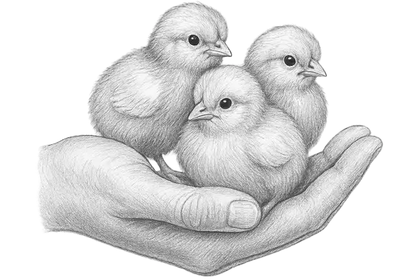 Skiss av en hand som håller tre kycklingar