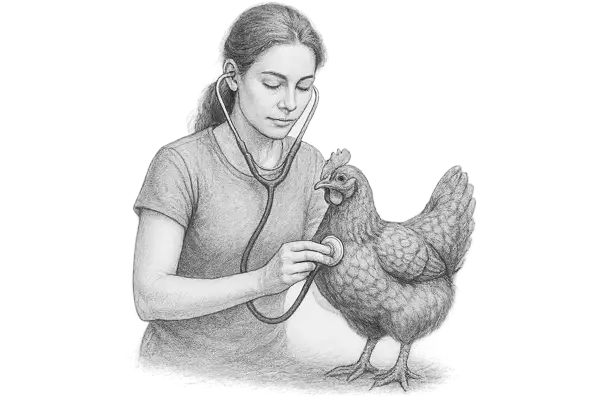 Skiss av en kvinna som lyssnar på en hönas bröst med stetoskop