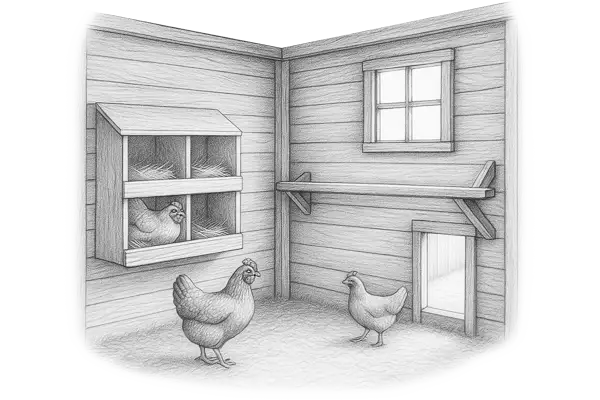 Skiss av ett hönshus på insidan med värprede, sittpinne, hönslucka och höns