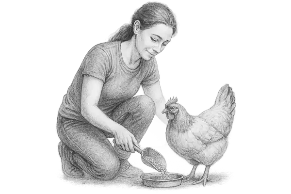 Skiss av en kvinna som sitter på huk och fyller upp foder till en höna
