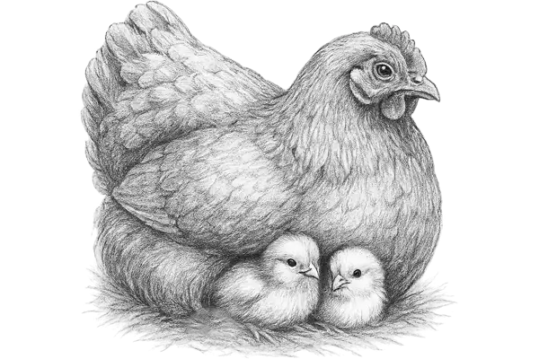 Skiss av en höna med två kycklingar under sig