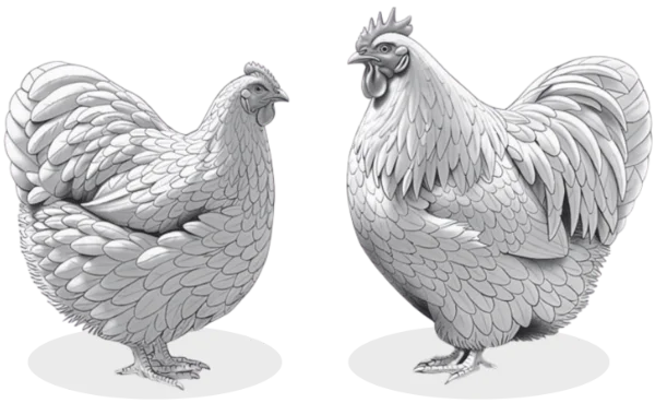 Skiss av Orpington höna och tupp